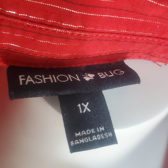 Red with Silver/BLK.Vertical Stripes Fashion Bug Woman's Button Up Blouse SZ. 1X - Picture 10 of 10
